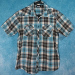 VANS Short Sleeve Plaid Shirt, Men's, Blue/Gray/White, Size Medium